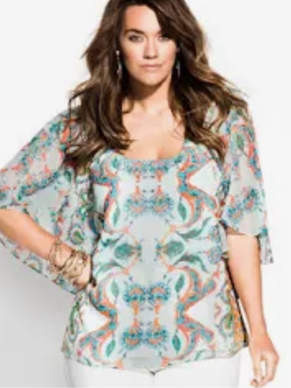 City Chic Plus Suze 20 Size Mint Paisley Print Flutter Sleeve Top-NWT
